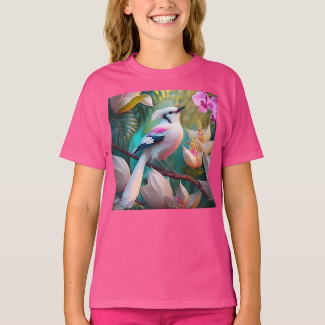 Vita, , krökta Fantasy Bird T Shirt (Framsida)