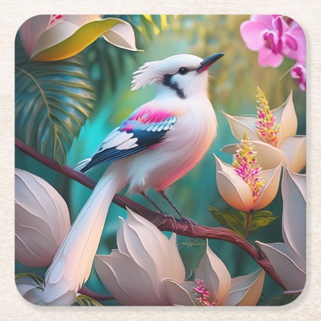 Vita, , krökta Fantasy Bird Underlägg Papper Kvadrat (Framsidan)