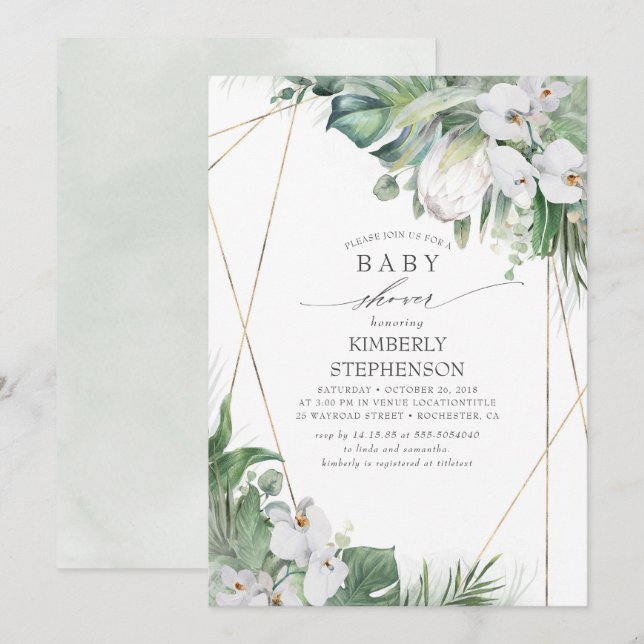 Vita Kung Protea Orchids Tropical Baby Shower Inbjudningar (Fram/baksida)