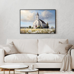 Vita kyrkan i Blommigt Fält Religiösa Poster