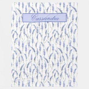 Vita Lavender Sprigs på White - Monogrammed Fleecefilt