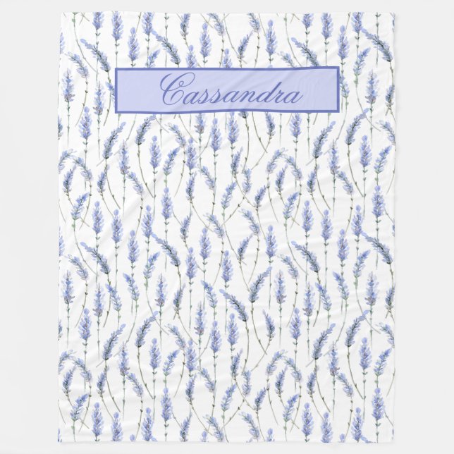 Vita Lavender Sprigs på White - Monogrammed Fleecefilt (Framsidan)