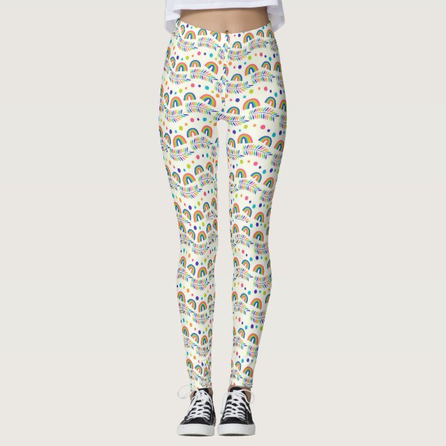 Vita leggings med färgglad regnbåge och geometrisk (Framsida)