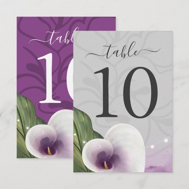 Vita Lila Calla Lily Bröllop Bordsnummer-kort Inbjudningar (Fram/baksida)