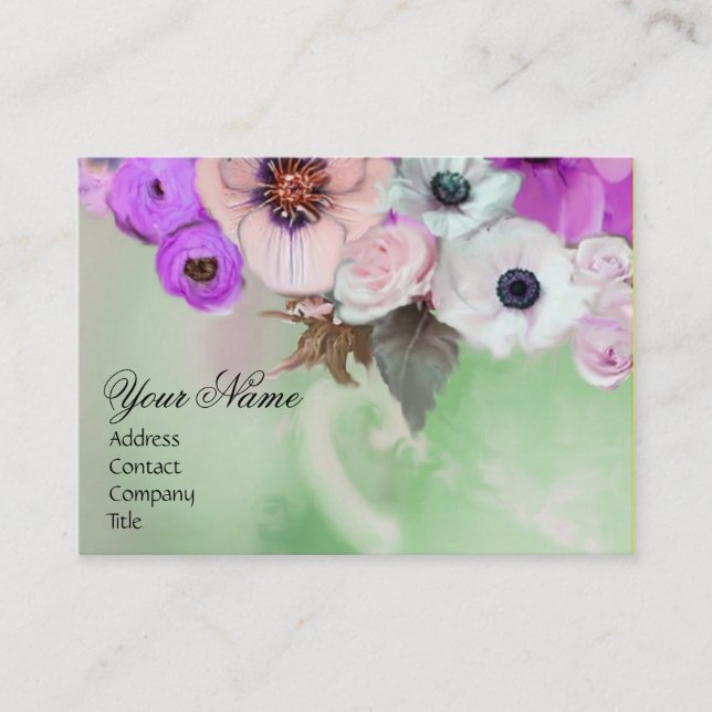 VITA LILA ROSOR OCH ANEMONEBLOMMOR MONOGRAM VISITKORT (Framsida)