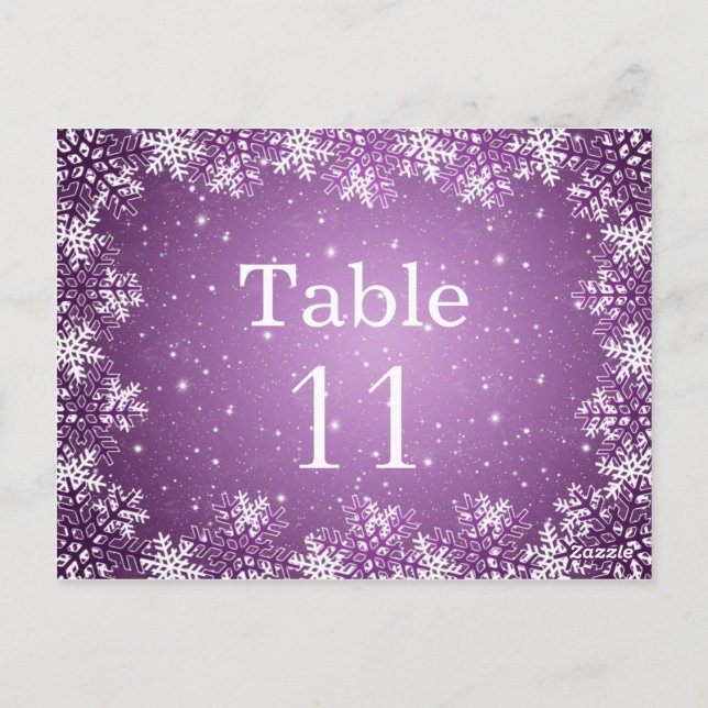 Vita lila snöflingor bröllop bordsnummer-kort vykort (Baksida)