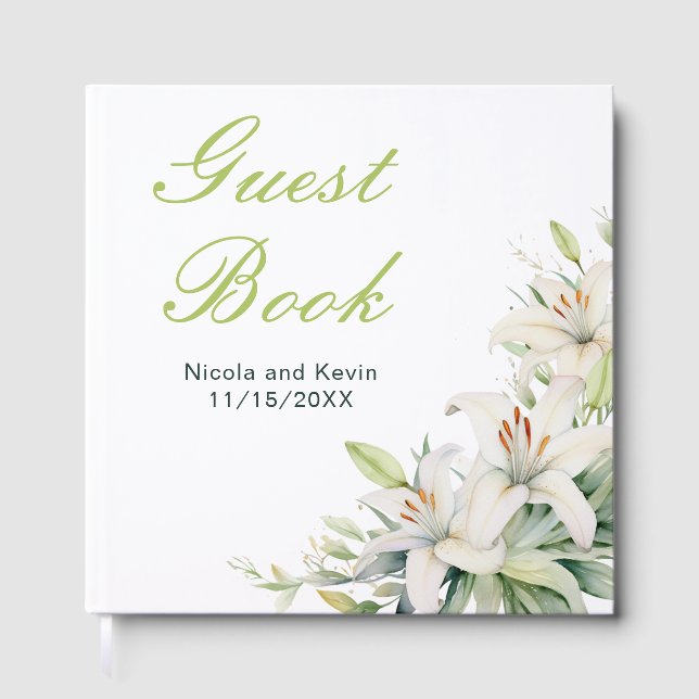 Vita lilje-blommor bröllop gästböcker (Framsida)