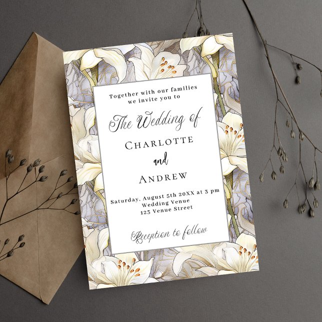 Vita liljor, blommigt, silver, retro bröllop inbjudan vykort (Skapare uppladdad)