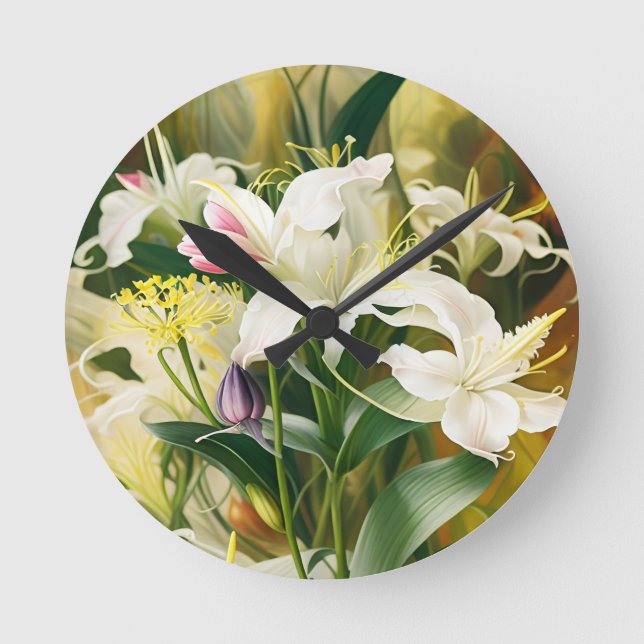 Vita liljor i blomning rund klocka (Framsida)