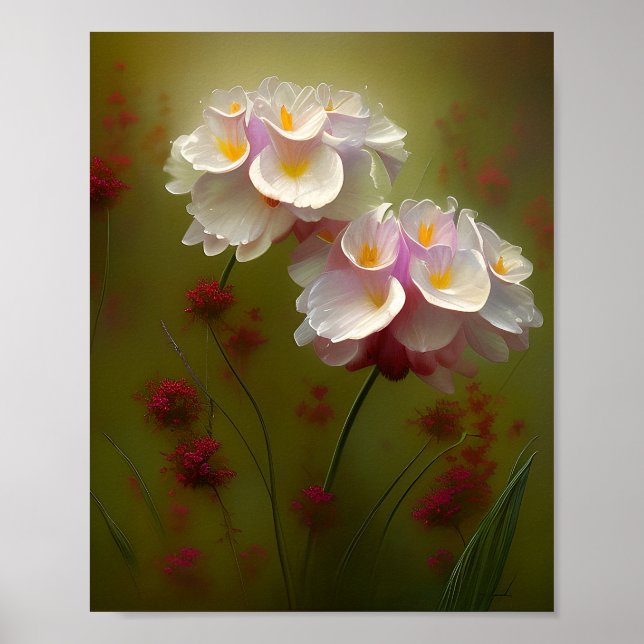 Vita liljor och röda vilda blommor poster (Framsidan)