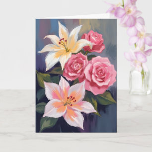 Vita Liljor Rosa Rosbukett Vattenfärg Blommig Kort