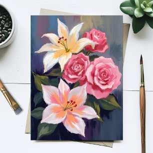 Vita Liljor Rosa Rosbukett Vattenfärg Blommig Vykort