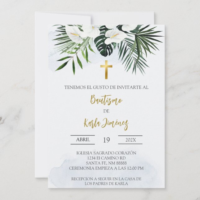 Vita Lily-blomman - Baptism-inbjudan från Spanien Inbjudningar (Framsida)