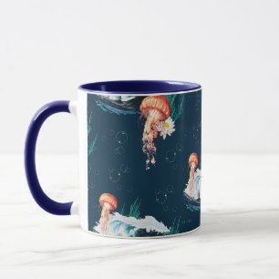 Vita Lotus Ocean Jellyfish Mönster Mugg