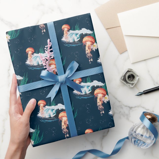 Vita Lotus Ocean Jellyfish Mönster Presentpapper (Gifting)