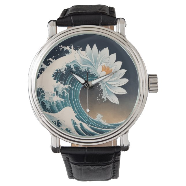 Vita Lotus & Ocean Wave - Elegance i Rörelse Armbandsur (Framsida)