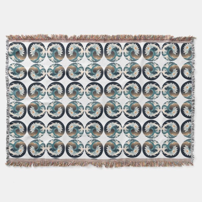 Vita Lotus & Ocean Wave - Elegance i Rörelse Filt (Framsidan)