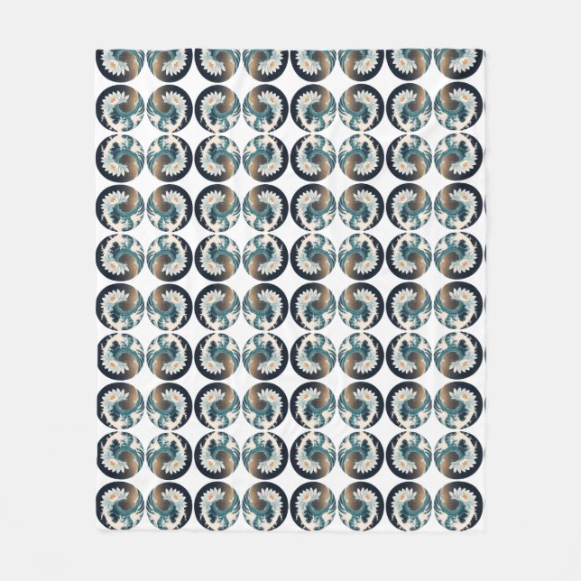 Vita Lotus & Ocean Wave - Elegance i Rörelse Fleecefilt (Framsidan)