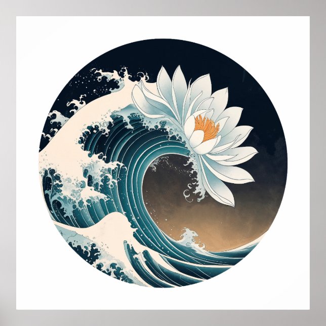 Vita Lotus & Ocean Wave - Elegance i Rörelse Poster (Framsidan)