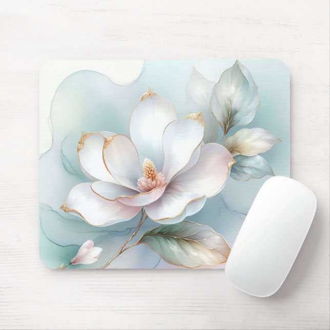 Vita Magnolia-blomman med Gilded Kant Musmatta (Med mus)