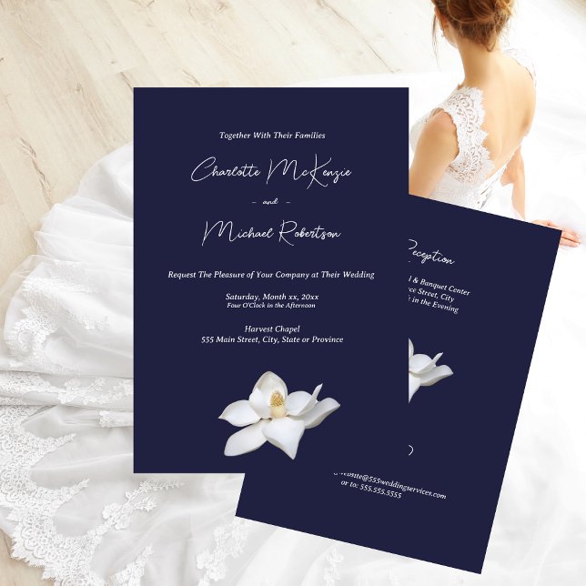 Vita Magnolia-Elegantens Blommigt på Bröllop Inbjudningar (Navy and White Magnolia Elegant Floral Wedding Invitation)