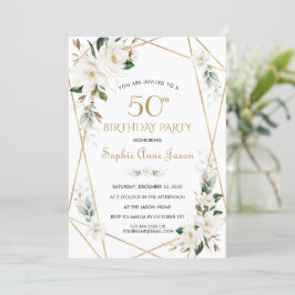 Vita Magnolia Flowers Guld 50:e födelsedagen Inbjudningar