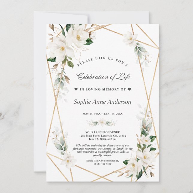 Vita Magnolia Flowers Guld Firande i Life Inbjudningar (Framsida)