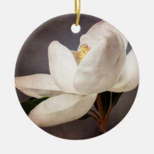 Vita Magnolia Träd Blommor Blommigt Grått Julgransprydnad Keramik