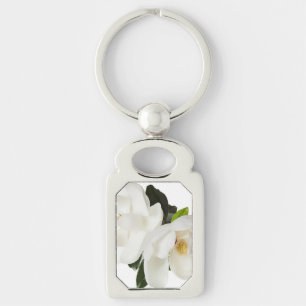 Vita Magnolias Blommigt Blommor Rektangulärt Silverfärgad Nyckelring