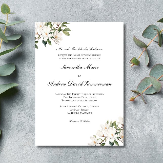 Vita Magnolias Classic Formal Elegant bröllop Inbjudningar (Elegant Classic Traditional White Magnolias Wedding invitation)