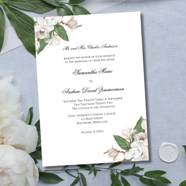 Vita Magnolias Classic Formal Elegant bröllop Inbjudningar (White Floral Magnolia Flowers Formal Traditional Classic Wedding Invitation)