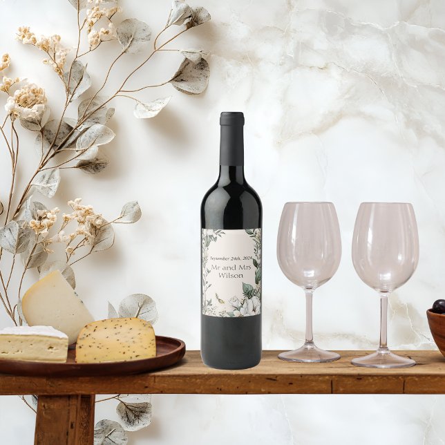 Vita Magnolias- och Butterfly Bröllop Vin-etikette Vinflaska Etikett (Skapare uppladdad)
