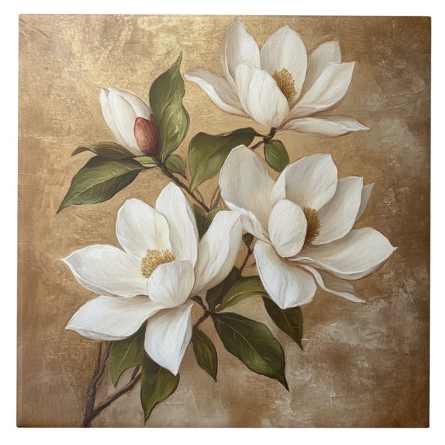 Vita Magnolias på Guld-bakgrunden Kakelplatta (Framsidan)