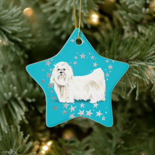 Vita maltesiska Hund Stars Teal-jul Julgransprydnad Keramik