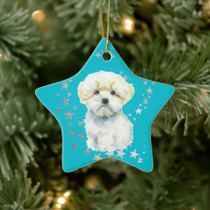 Vita maltesiska Hund Stars Teal-jul Julgransprydnad Keramik