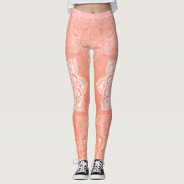 Vita mandalas på korallmarmor leggings