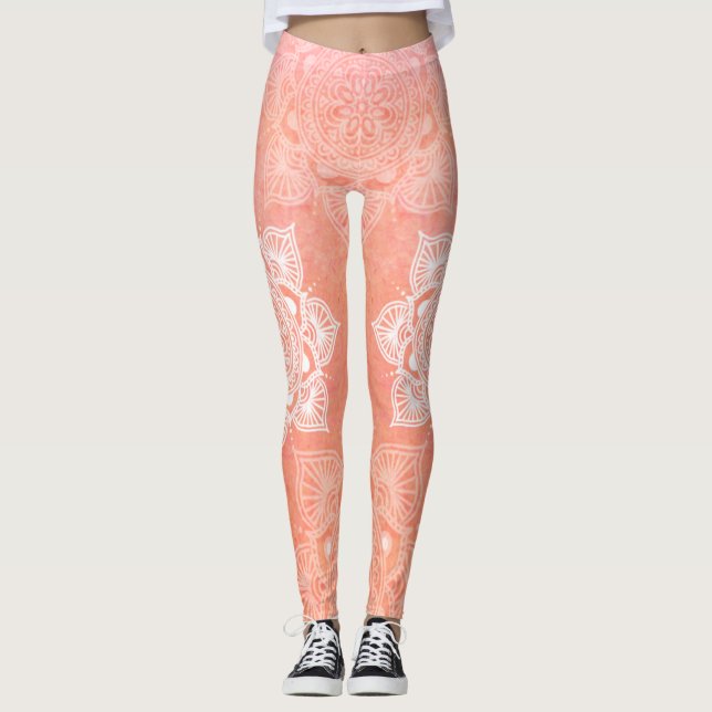 Vita mandalas på korallmarmor leggings (Framsida)