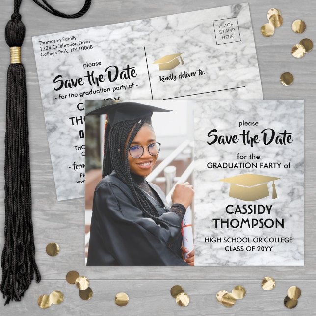 Vita Marble & Guld Studenten Photo Save Date Vykort (Skapare uppladdad)