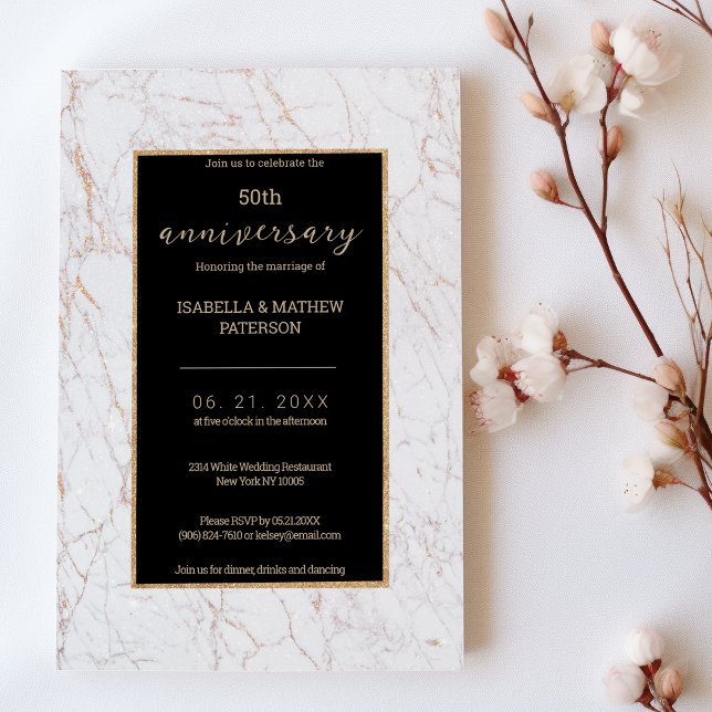 Vita marmor guld glitter 50:e Bröllop-årsdagen Inbjudningar (White gold glitter marble 50th Wedding Anniversary )