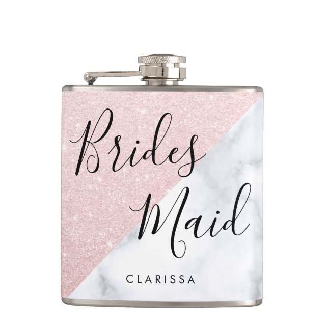 Vita marmor och bridesmaid ro guld glitter fickplunta (Framsidan)