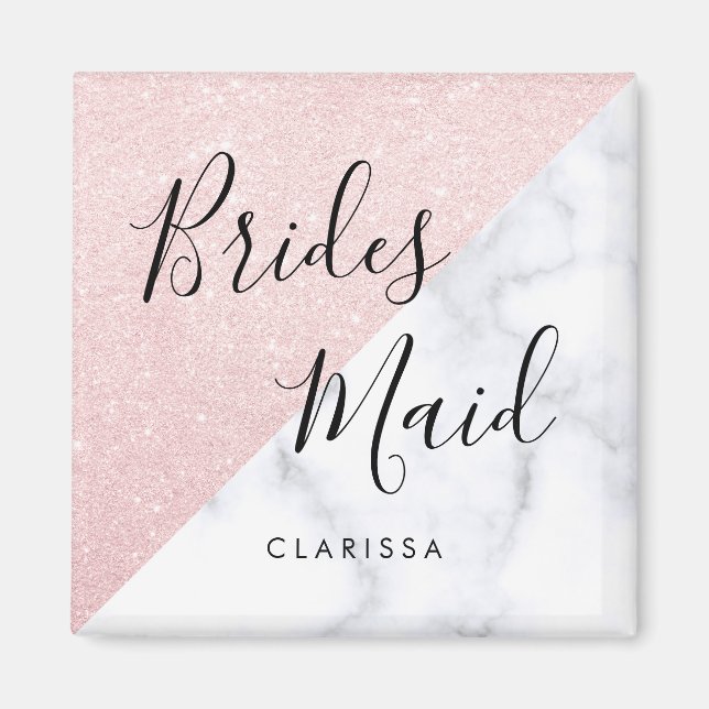 Vita marmor och bridesmaid ro guld glitter magnet (Framsidan)