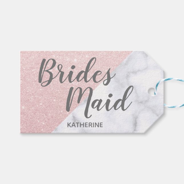 Vita marmor och bridesmaid ro guld glitter presentetikett (Framsidan (Horisontell))