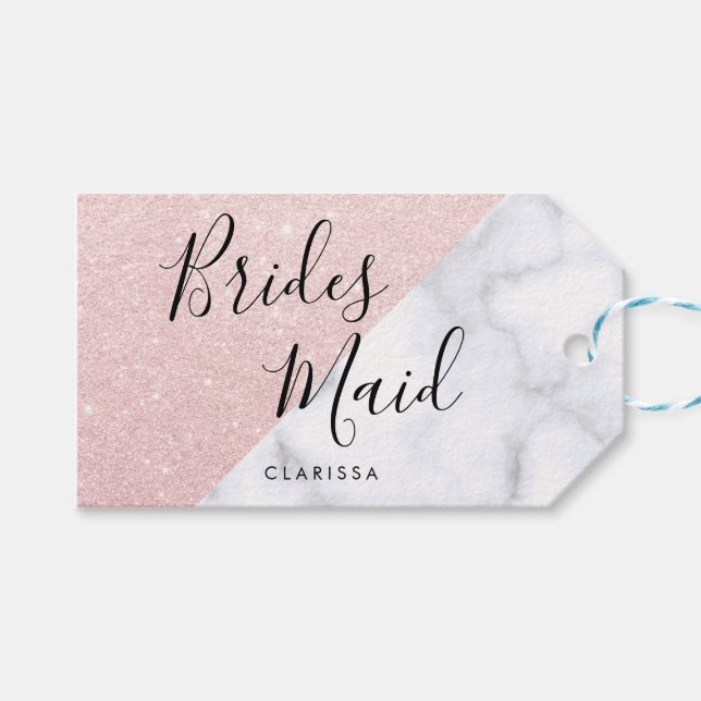 Vita marmor och bridesmaid ro guld glitter presentetikett (Framsidan (Horisontell))
