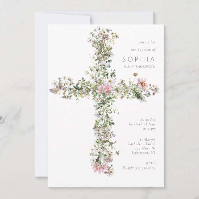 Vita Meadow wildblomma kor Baptism Christening Inbjudningar (Framsida)