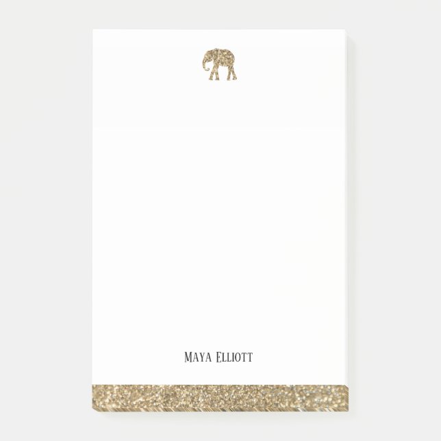 Vita med Guld Faux Glitter Elephant & Gräns, Namn Post-it Block (Framsida)