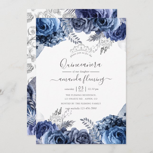 Vita med Silver Foil Blommigt Quinceañera Inbjudningar (Fram/baksida)