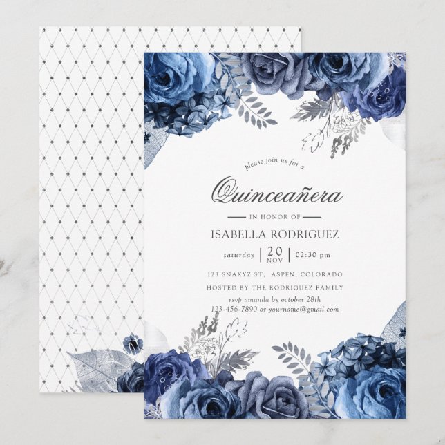 Vita med Silver Foil Blommigt Quinceañera Inbjudningar (Fram/baksida)