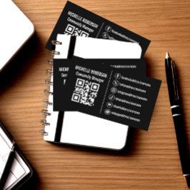 Vita medieikoner i social QR på svart bakgrund Visitkort