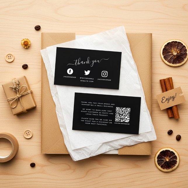 Vita medieikoner QR-kod tack för Social Tilläggskort (Black social media icons thank you order insert card with message and QR Code.)