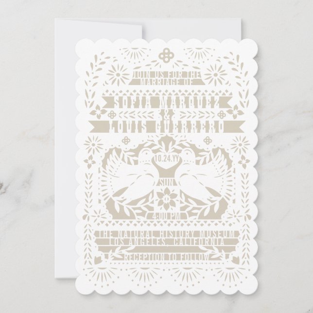 Vita mexikanska fästingduvor Papel Picado Bröllop Inbjudningar (Framsida)